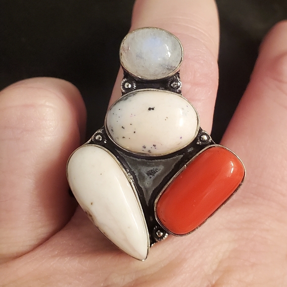 New Dendritic Opal, Coral, Rainbow Moonstone 925 Silver Statement Ring. - Picture 2 of 14